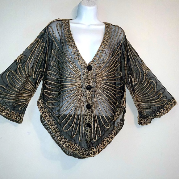 Gorgeous Vintage Black & Gold Embroidered Sheer Retro Poncho OS - Picture 2 of 11
